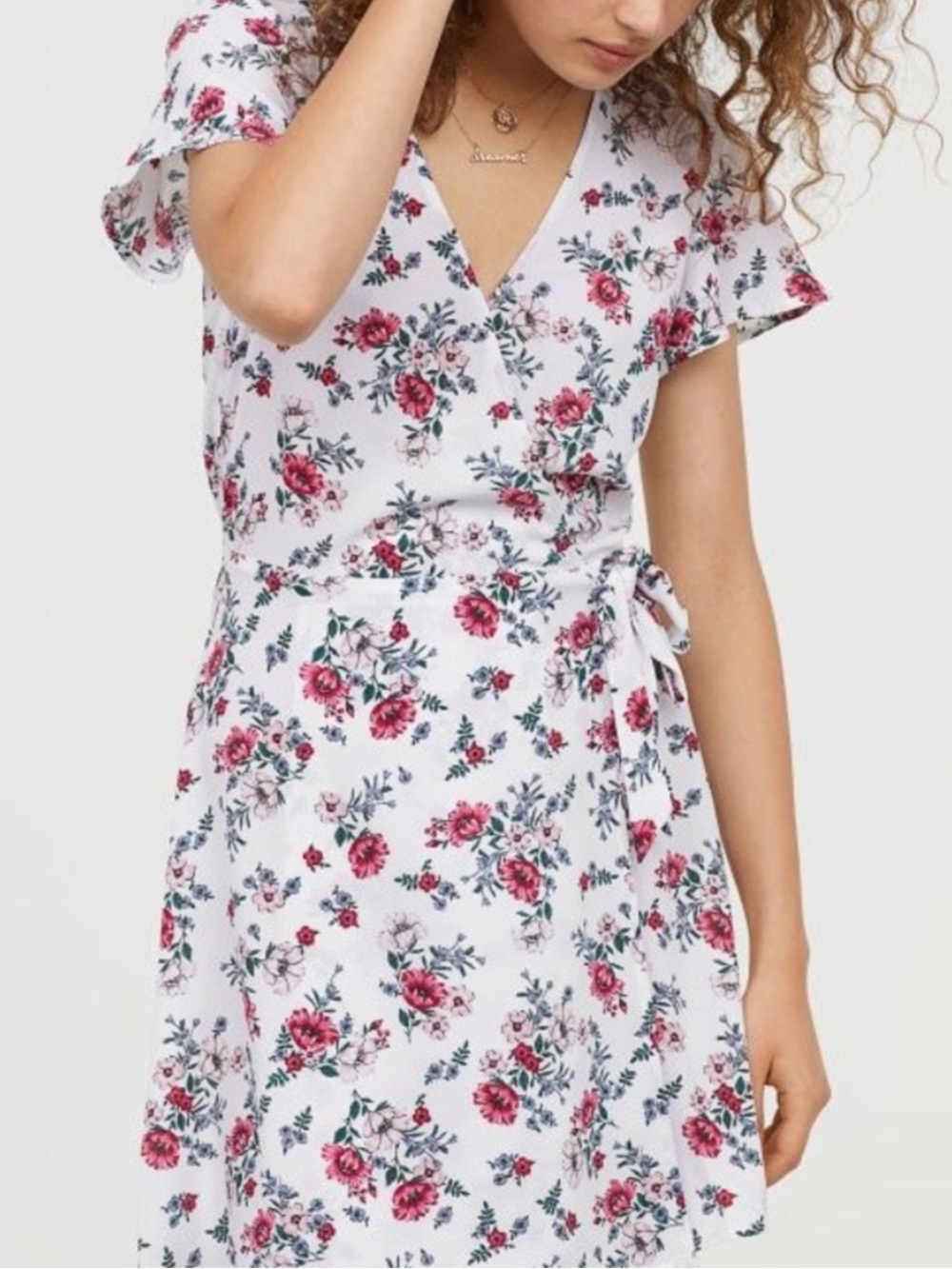 H&M White Wrap Dress with Pink Rose Print